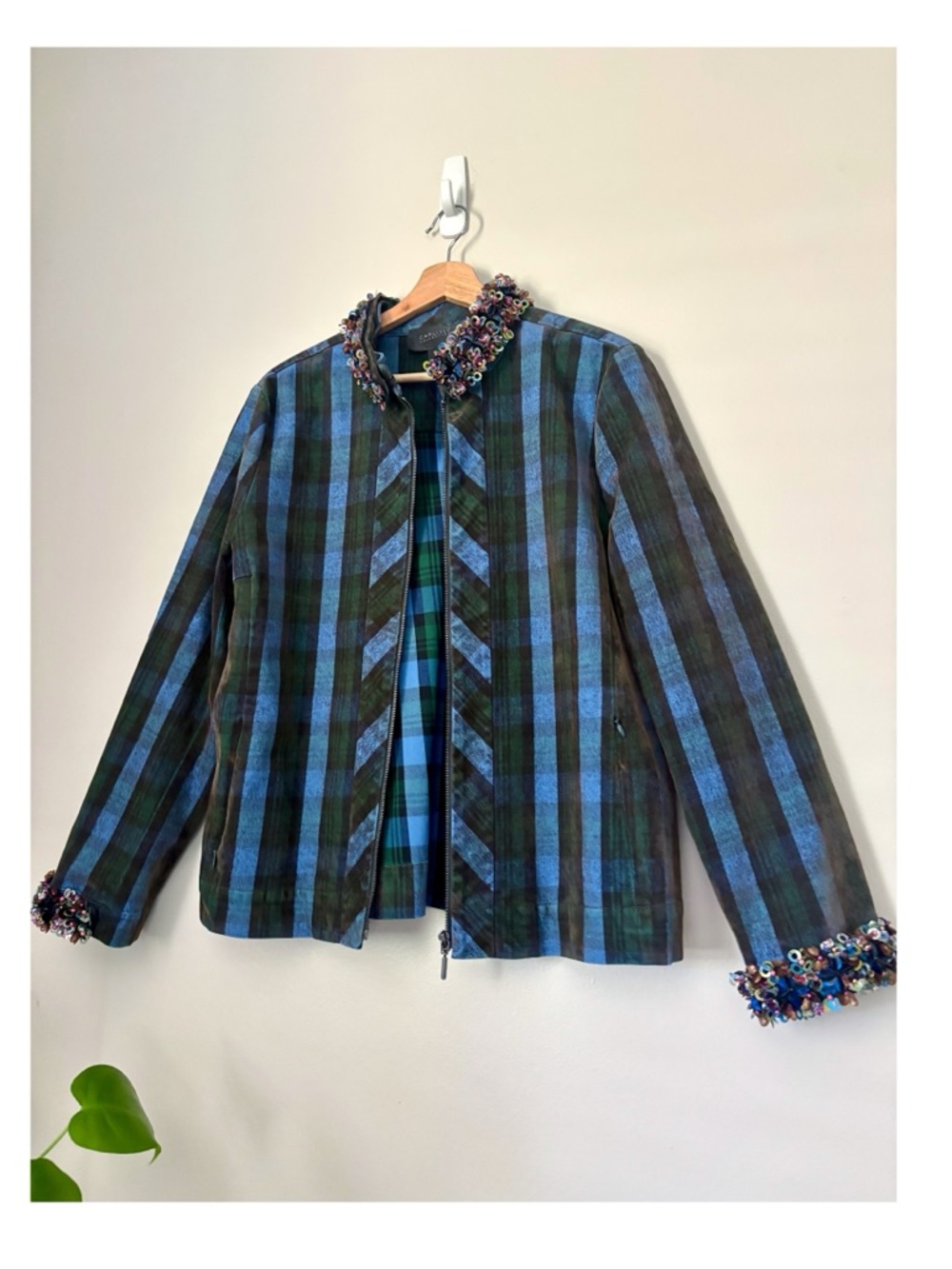 Carlisle Collection Plaid Satin Embroidered Trim Jacket